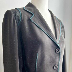 Lucien Daunois Brown Pinstripe & Teal-Trim Sculpted Mixed-Panel Blazer – US M